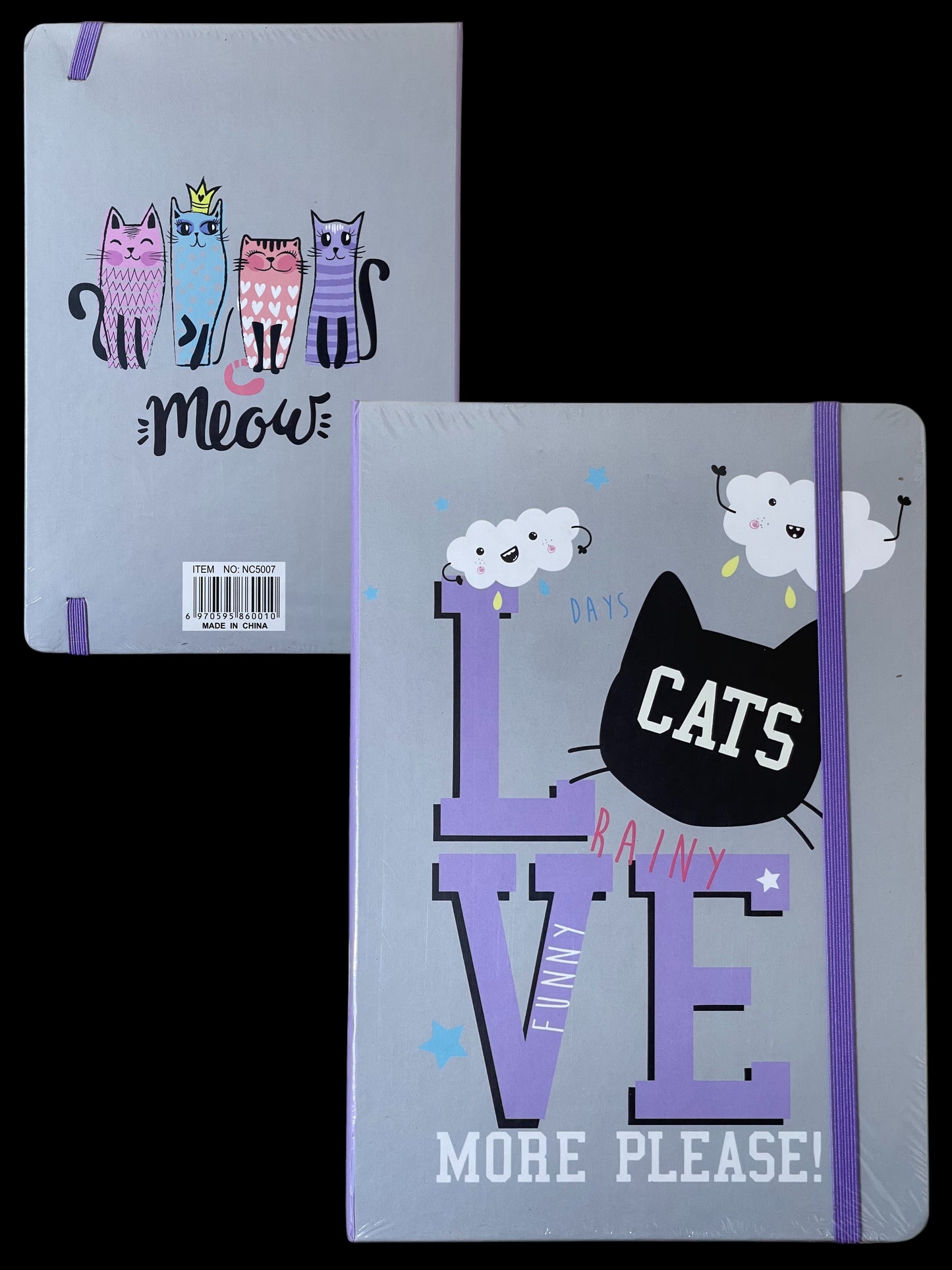 Two notebooks with cat-themed designs on a black background