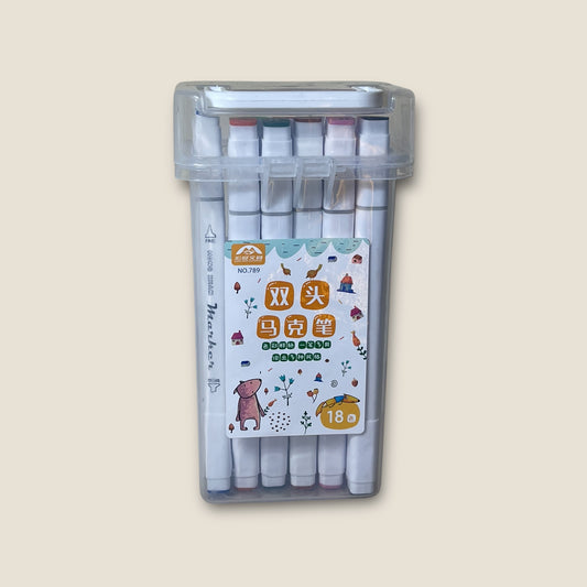 Set of markers with a clear plastic case on a beige background