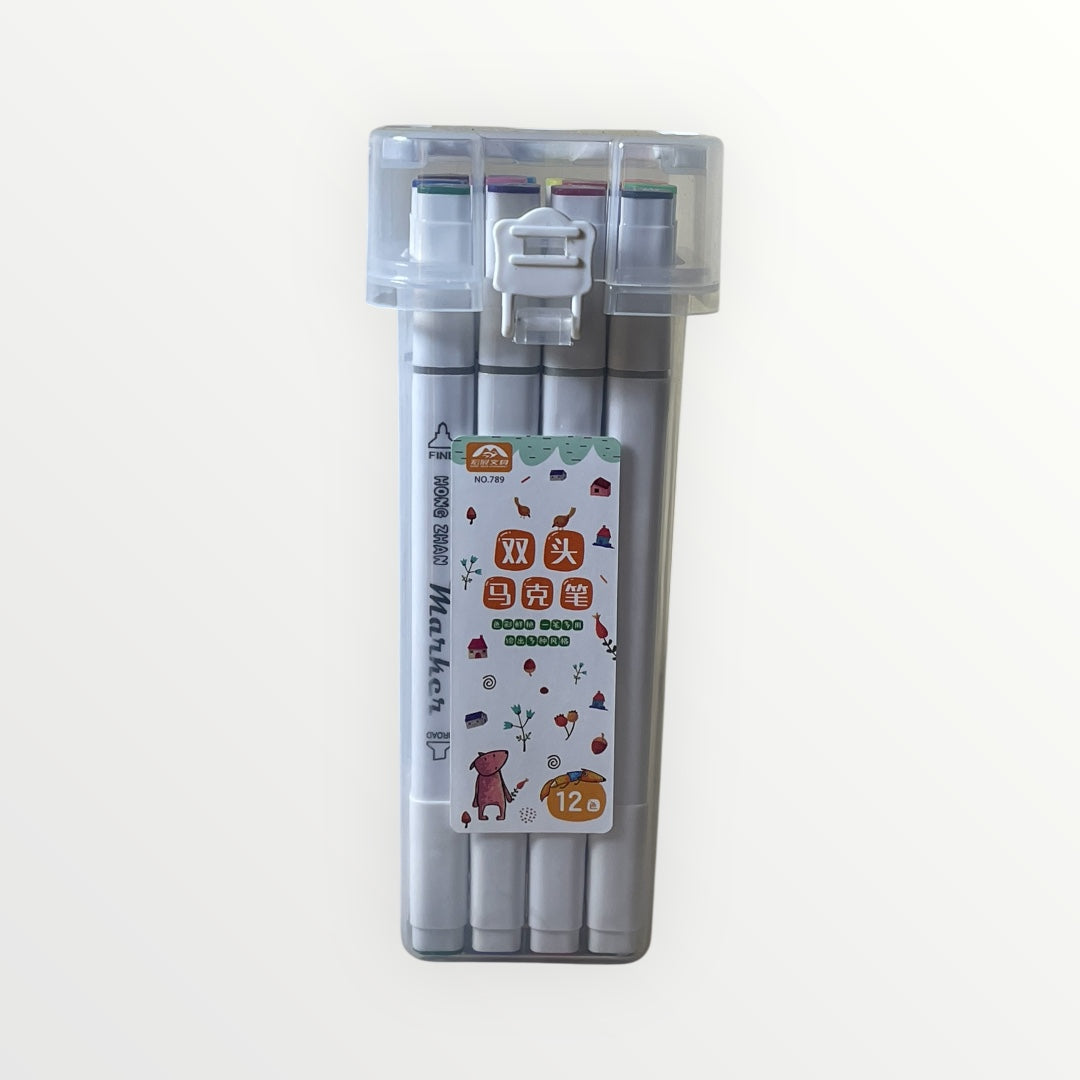 Set of markers in a clear plastic case on a white background