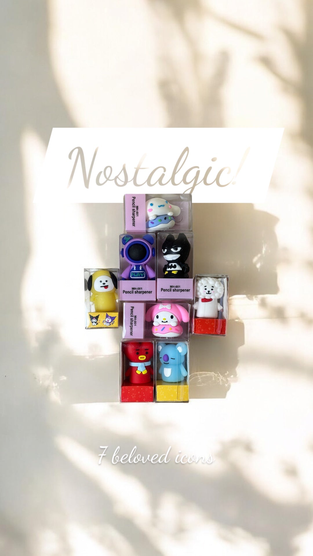 Set of colorful sharpeners in a display box with 'Nostalgic' text above.