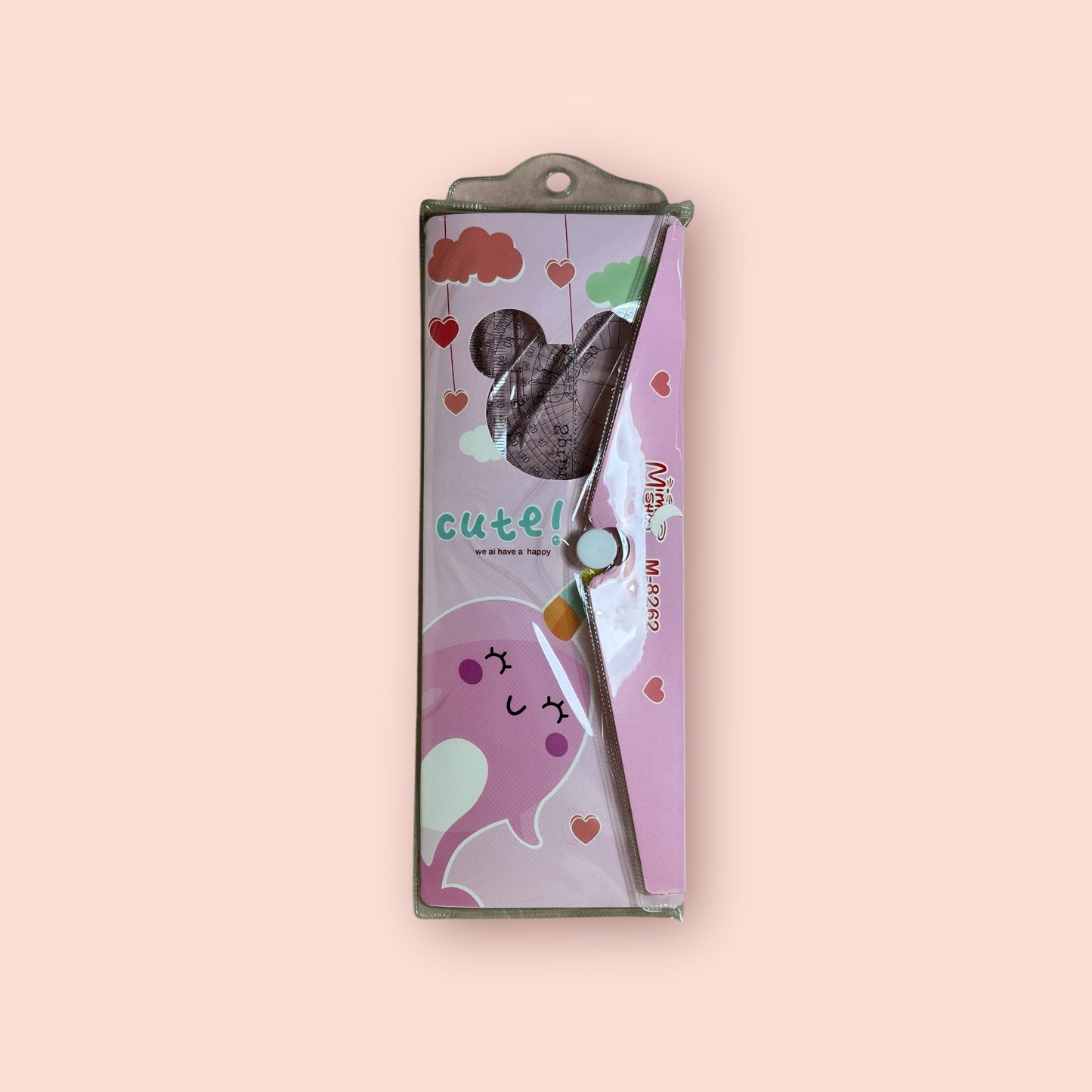 Cute pink geometry kit with cartoon design on a pink background