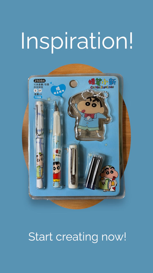 Packaged stationery set with Crayon Shinchan character on a blue background
