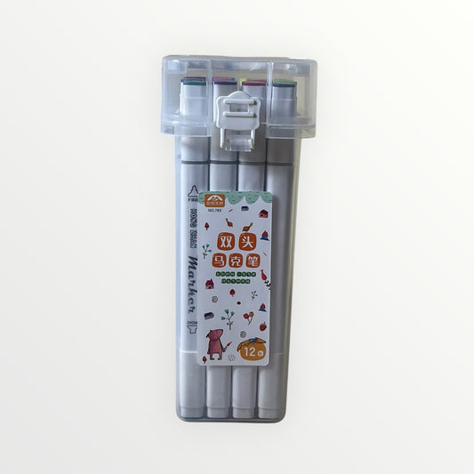 Set of markers in a clear plastic case on a white background