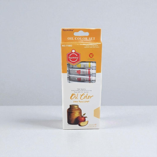 Packaging of oil color set with a gray background