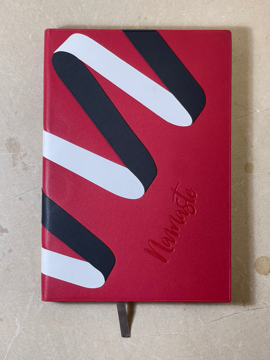 Red card with black and white wavy lines and 'Vivienne' branding on a beige background